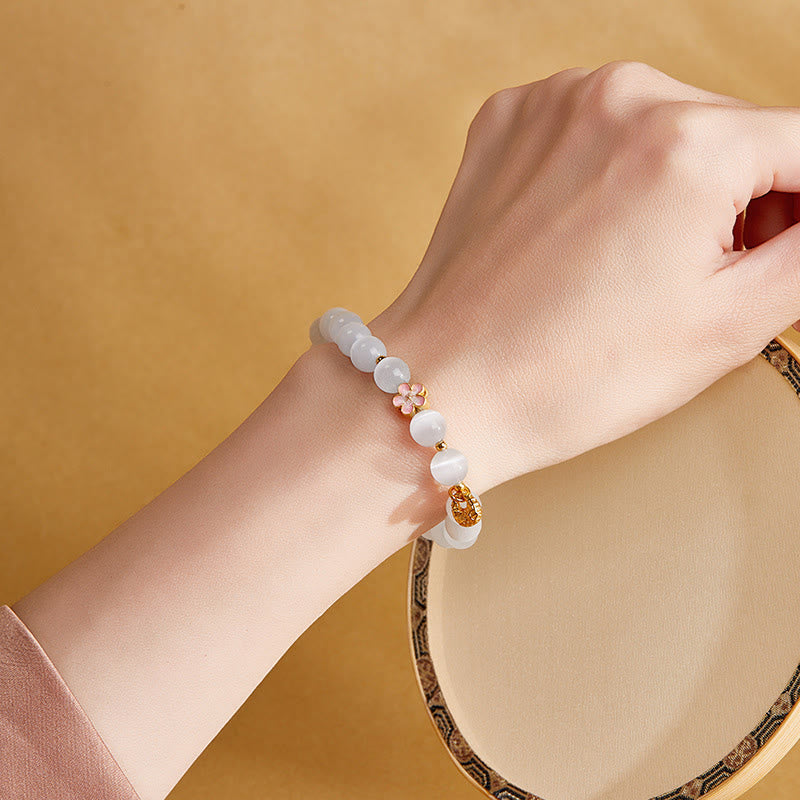 Nimara Ritual 925 Sterling Silver Natural Peach Blossom White Cat's Eye Positive Bracelet