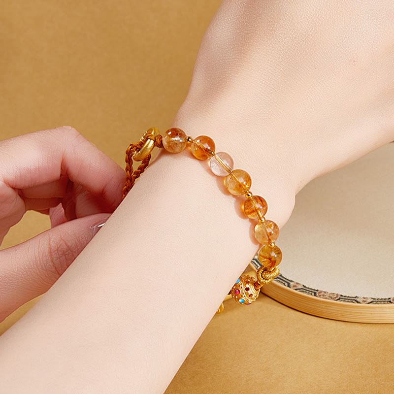 Nimara Ritual 925 Sterling Silver Natural Citrine White Crystal Peace Buckle Meaning Fu Character Protection Braided String Bracelet