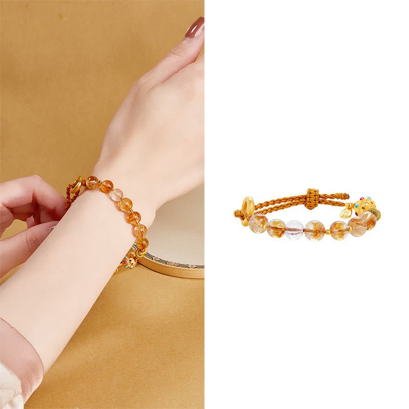 Nimara Ritual 925 Sterling Silver Natural Citrine White Crystal Peace Buckle Meaning Fu Character Protection Braided String Bracelet
