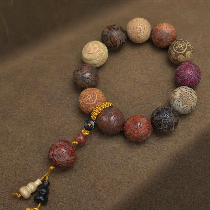 Nimara Ritual Carving Sandalwood Chinese Zodiac Auspicious Dragon Phoenix Fu Character Healing Bracelet