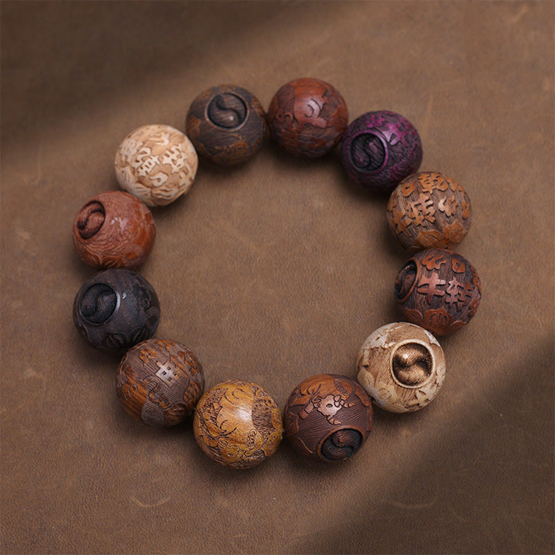 Nimara Ritual Carving Sandalwood Chinese Zodiac Auspicious Dragon Phoenix Fu Character Healing Bracelet