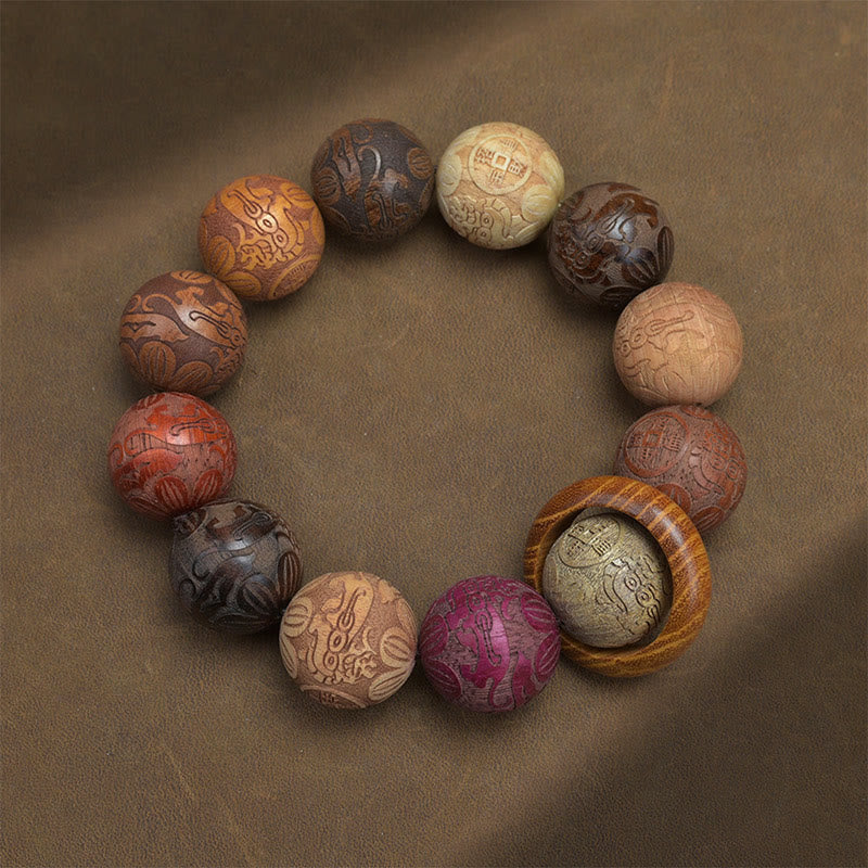 Healing Protection Sandalwood Chinese Zodiac Dragon Phoenix Fu Character Bracelet
