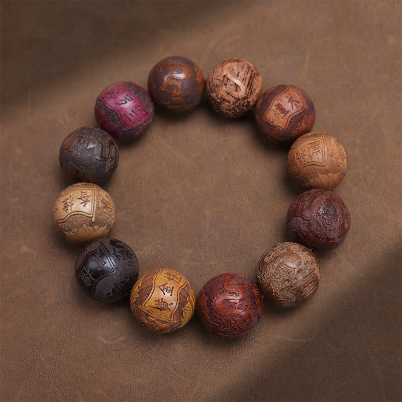Nimara Ritual Carving Sandalwood Chinese Zodiac Auspicious Dragon Phoenix Fu Character Healing Bracelet
