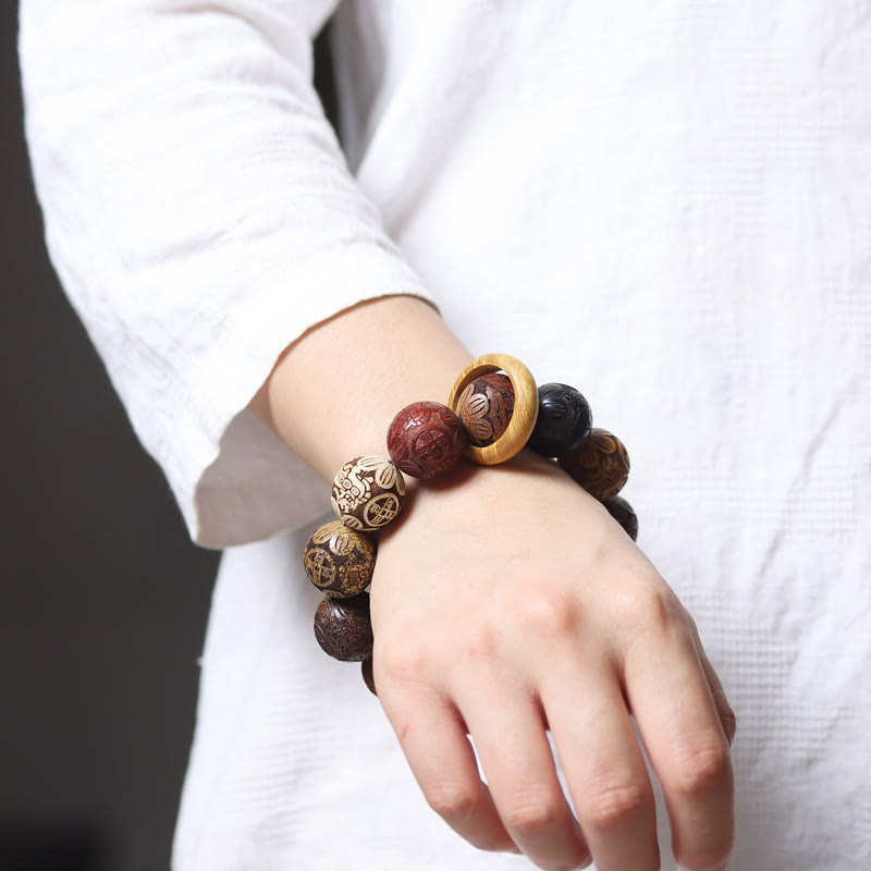 Healing Protection Sandalwood Chinese Zodiac Dragon Phoenix Fu Character Bracelet
