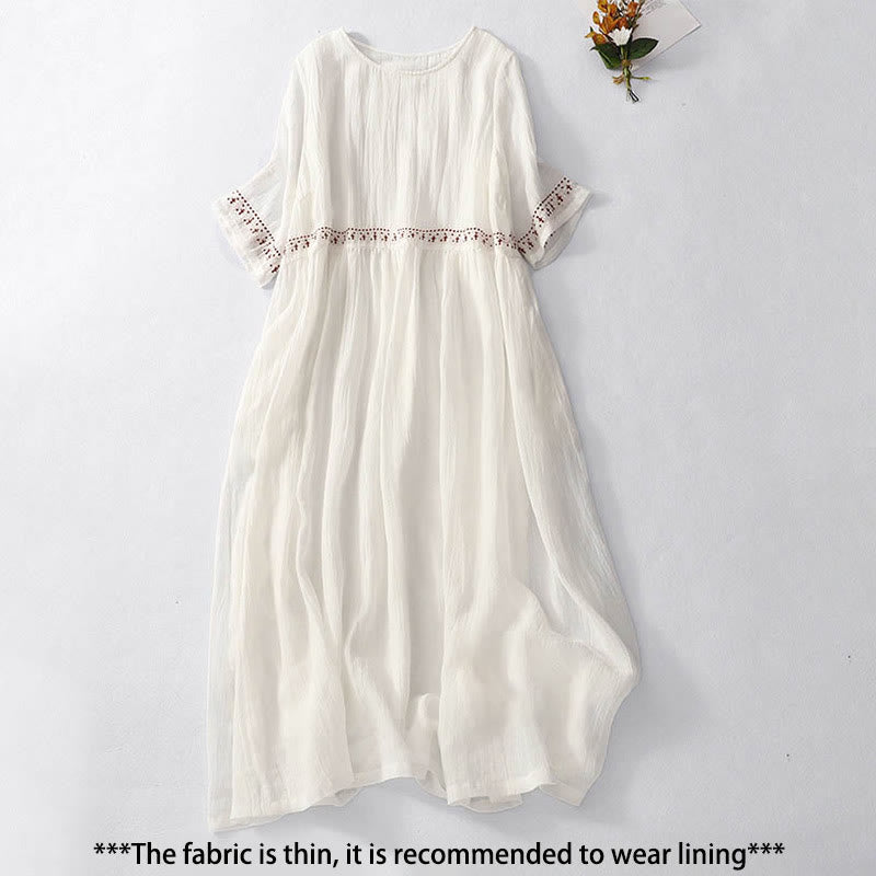 Nimara Ritual Solid Color Embroidery Short Sleeve Cotton Midi Dress With Pockets