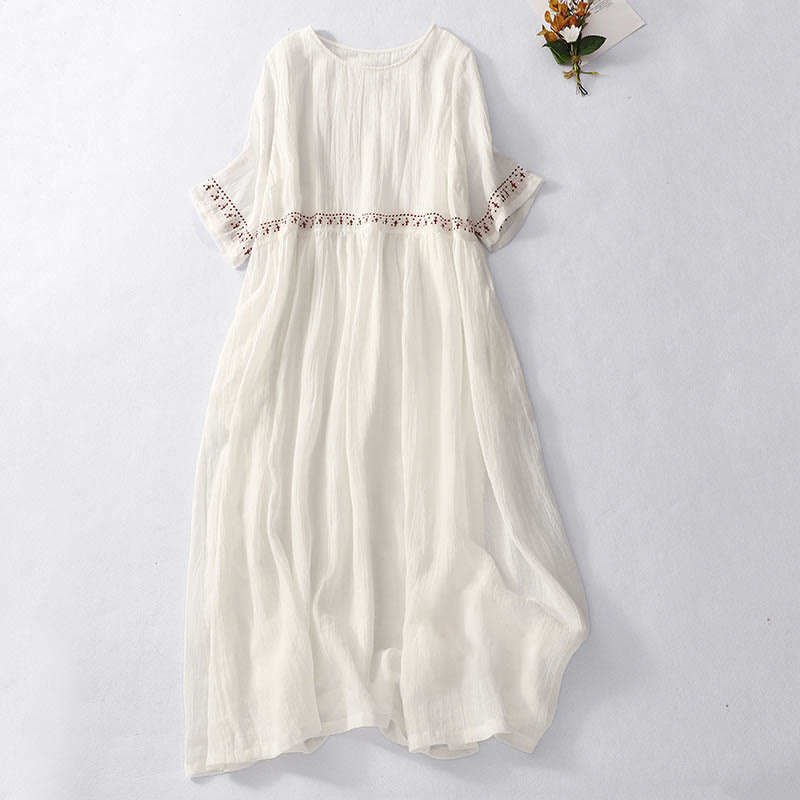 Nimara Ritual Solid Color Embroidery Short Sleeve Cotton Midi Dress With Pockets