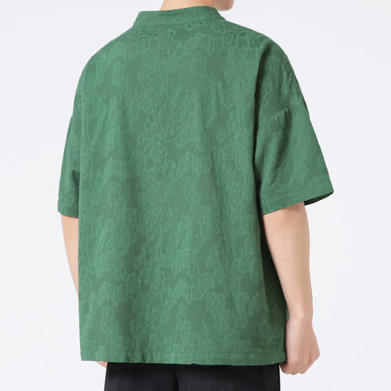 Nimara Ritual Retro Pure Color Frog-Button Design Jacquard Flower Pattern Men's Short Sleeve Cotton Linen Shirt