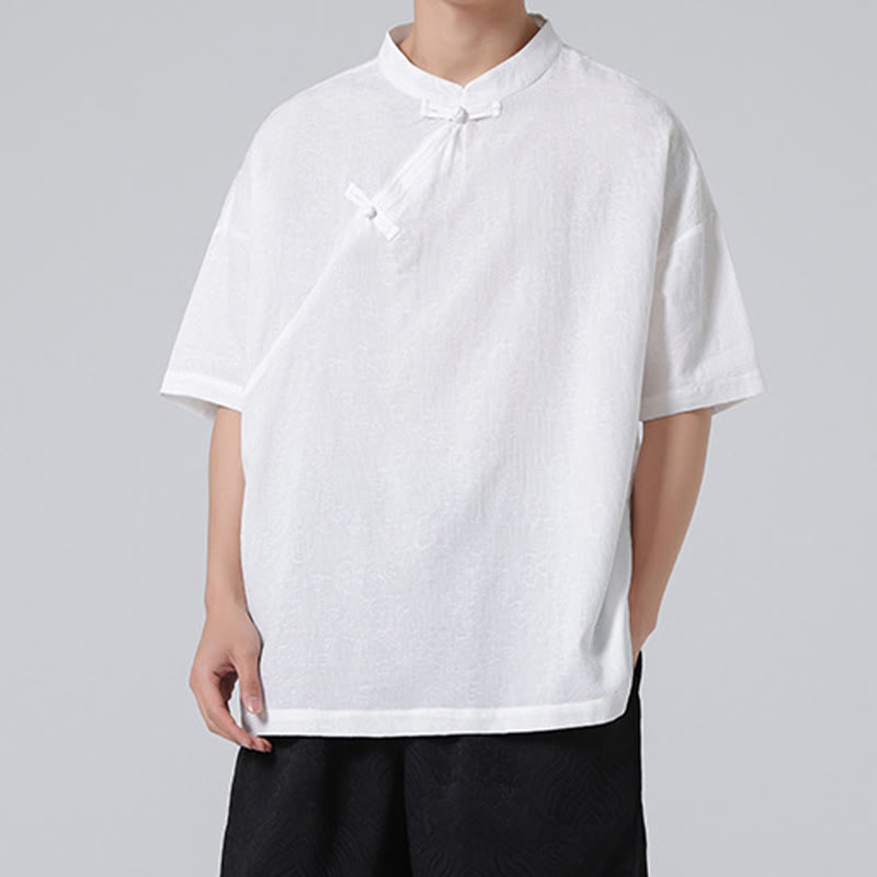 Nimara Ritual Retro Pure Color Frog-Button Design Jacquard Flower Pattern Men's Short Sleeve Cotton Linen Shirt