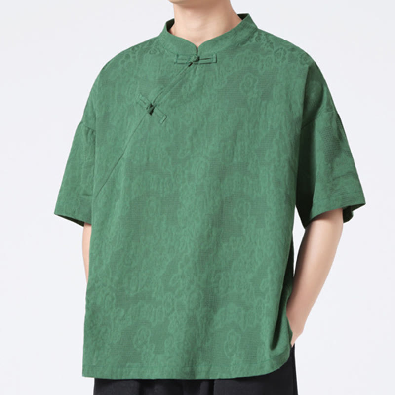Nimara Ritual Retro Pure Color Frog-Button Design Jacquard Flower Pattern Men's Short Sleeve Cotton Linen Shirt