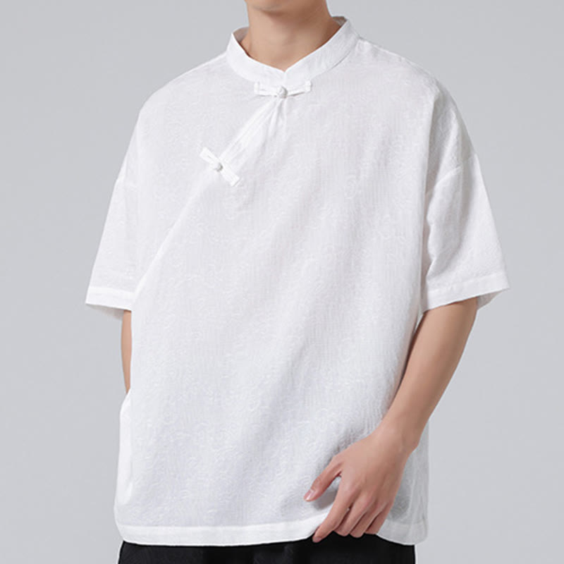 Nimara Ritual Retro Pure Color Frog-Button Design Jacquard Flower Pattern Men's Short Sleeve Cotton Linen Shirt