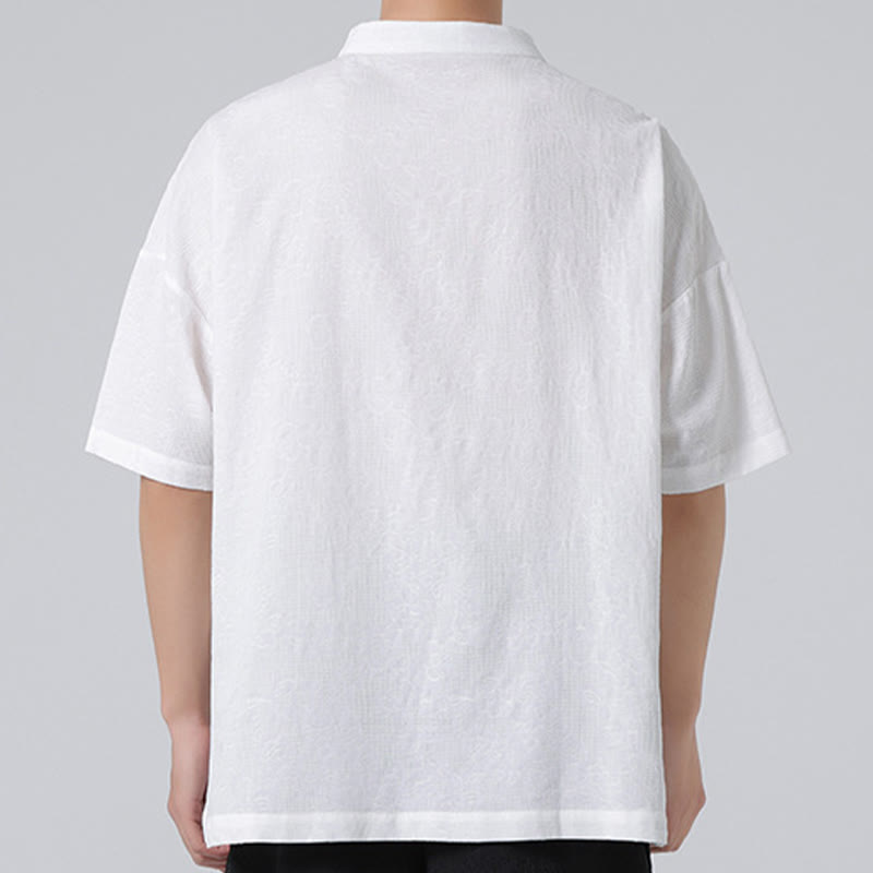 Nimara Ritual Retro Pure Color Frog-Button Design Jacquard Flower Pattern Men's Short Sleeve Cotton Linen Shirt