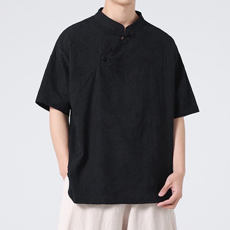 Nimara Ritual Retro Pure Color Frog-Button Design Jacquard Flower Pattern Men's Short Sleeve Cotton Linen Shirt