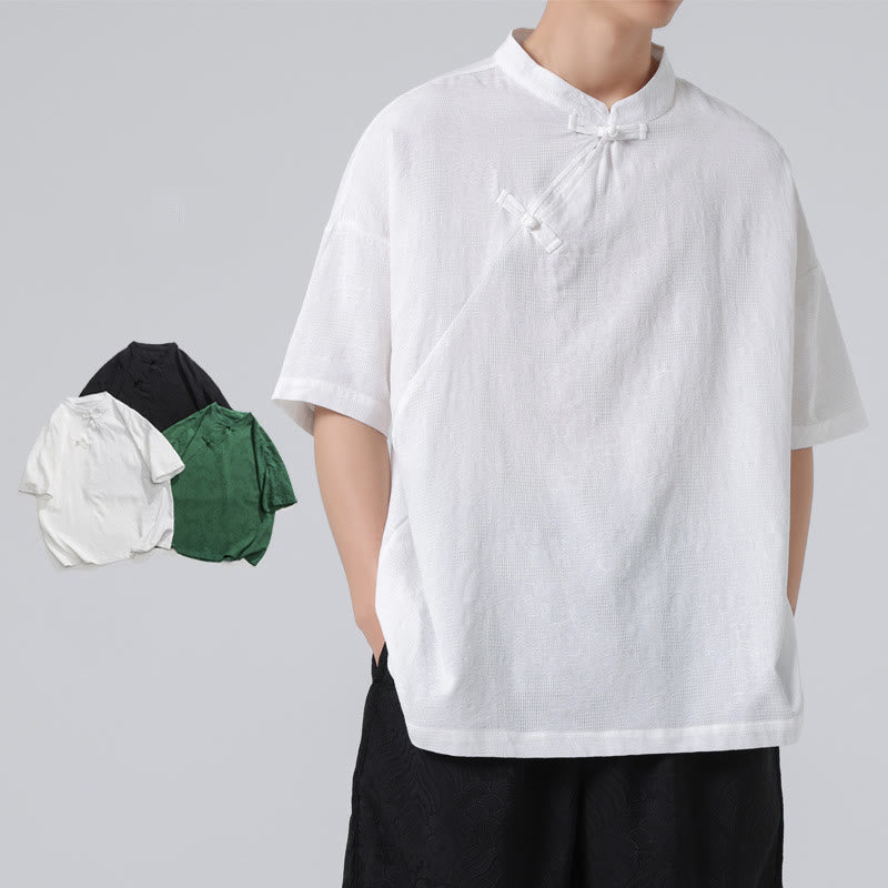 Nimara Ritual Retro Pure Color Frog-Button Design Jacquard Flower Pattern Men's Short Sleeve Cotton Linen Shirt