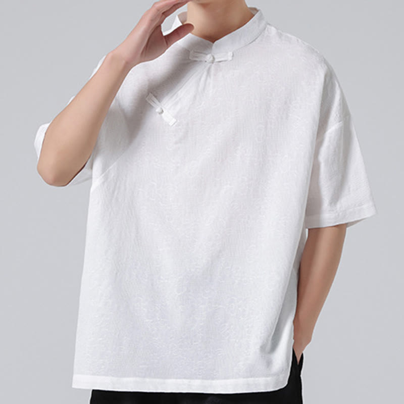 Nimara Ritual Retro Pure Color Frog-Button Design Jacquard Flower Pattern Men's Short Sleeve Cotton Linen Shirt