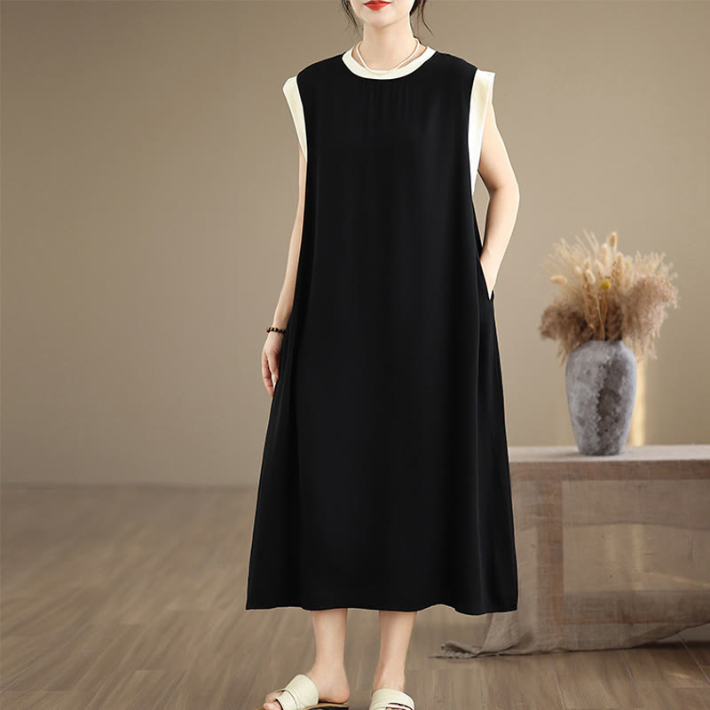 Nimara Ritual Pure Color Slit Design Sleeveless Cotton Midi Dress With Pockets