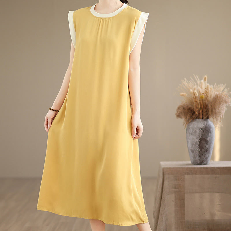 Nimara Ritual Pure Color Slit Design Sleeveless Cotton Midi Dress With Pockets