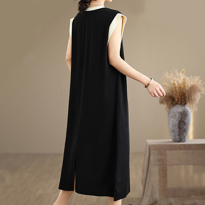 Nimara Ritual Pure Color Slit Design Sleeveless Cotton Midi Dress With Pockets