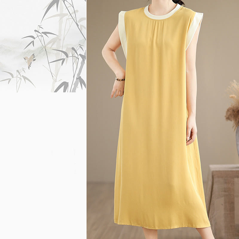 Nimara Ritual Pure Color Slit Design Sleeveless Cotton Midi Dress With Pockets