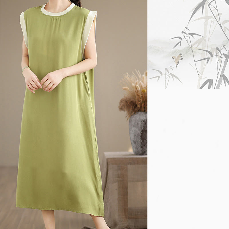 Nimara Ritual Pure Color Slit Design Sleeveless Cotton Midi Dress With Pockets