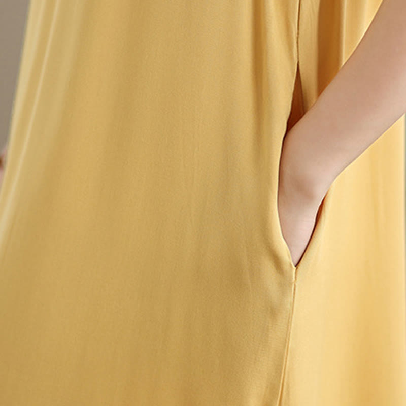 Nimara Ritual Pure Color Slit Design Sleeveless Cotton Midi Dress With Pockets