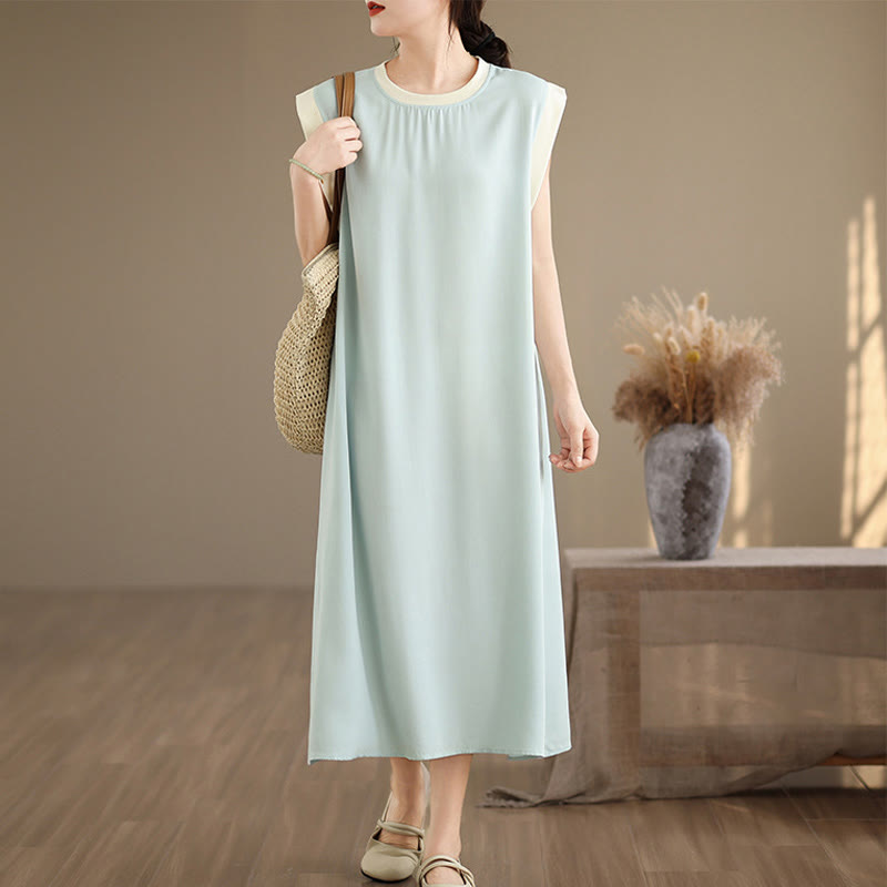 Nimara Ritual Pure Color Slit Design Sleeveless Cotton Midi Dress With Pockets