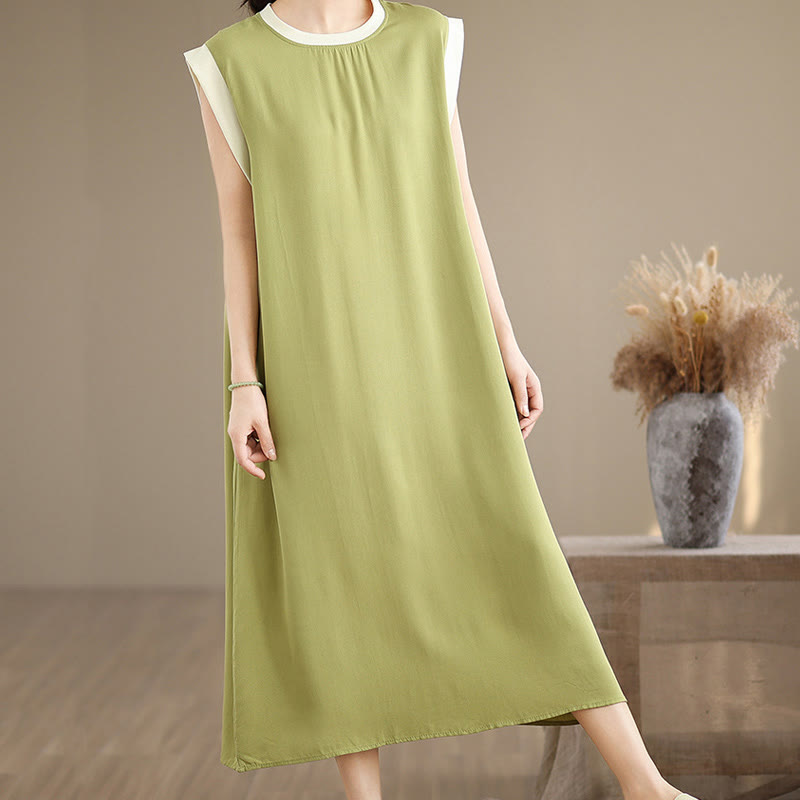 Nimara Ritual Pure Color Slit Design Sleeveless Cotton Midi Dress With Pockets