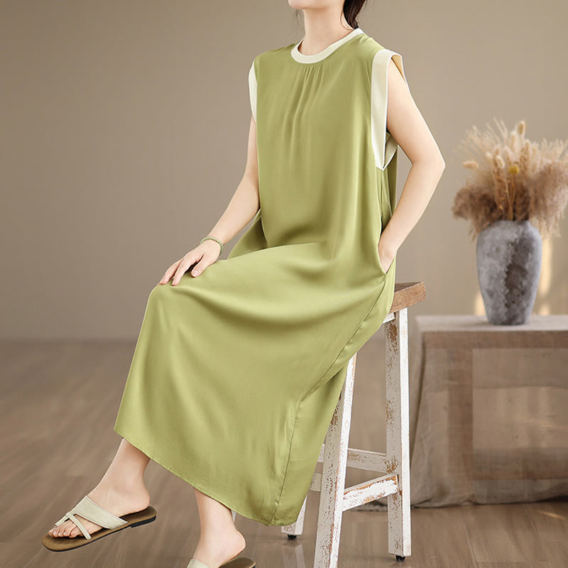 Nimara Ritual Pure Color Slit Design Sleeveless Cotton Midi Dress With Pockets