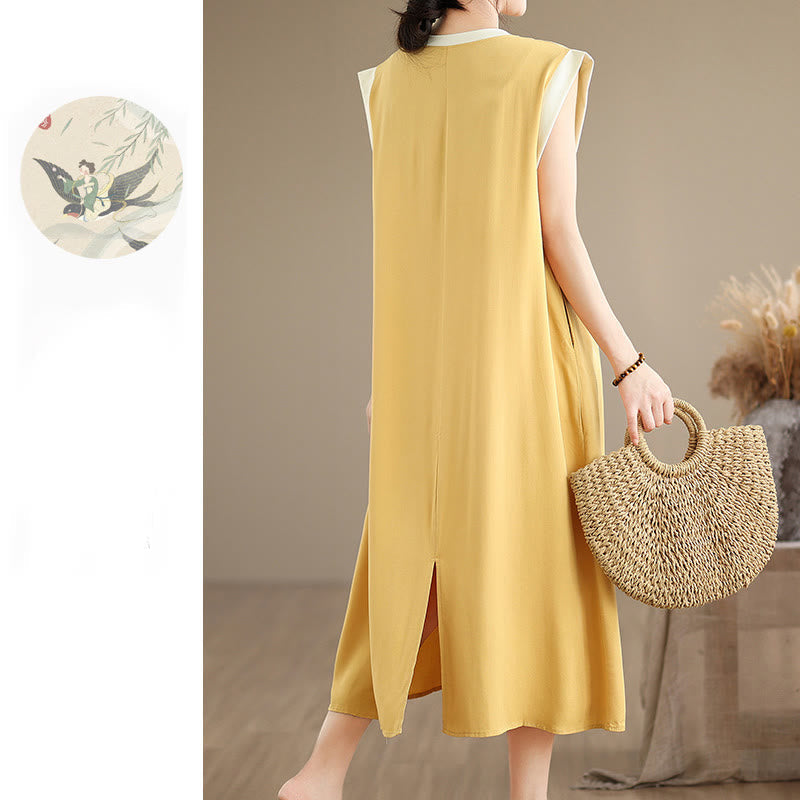 Nimara Ritual Pure Color Slit Design Sleeveless Cotton Midi Dress With Pockets