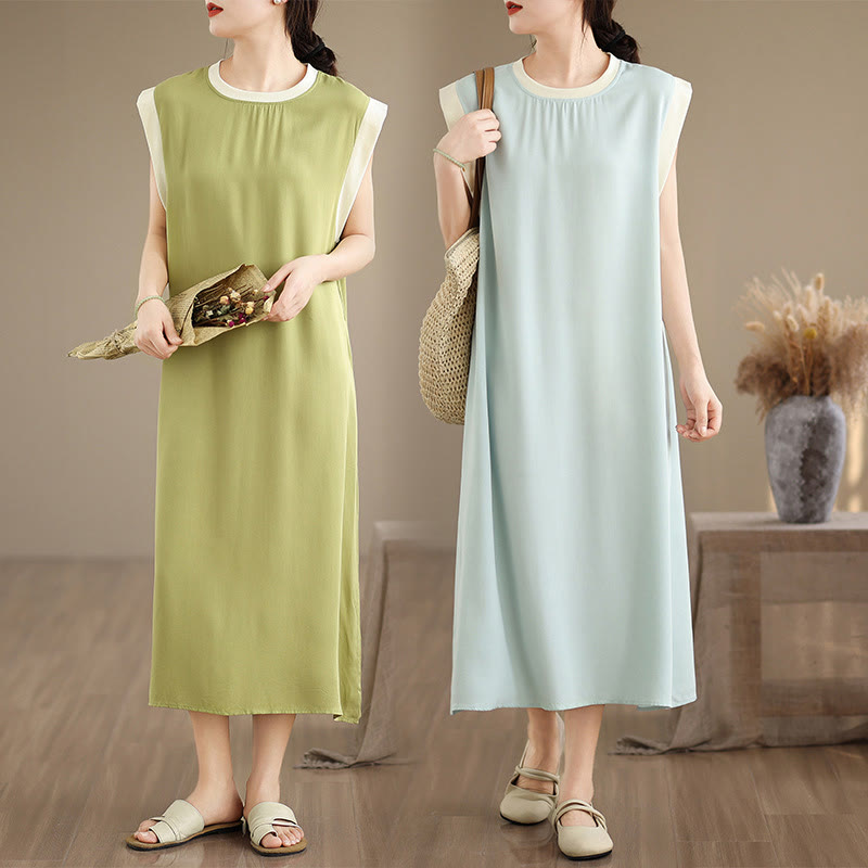 Nimara Ritual Pure Color Slit Design Sleeveless Cotton Midi Dress With Pockets