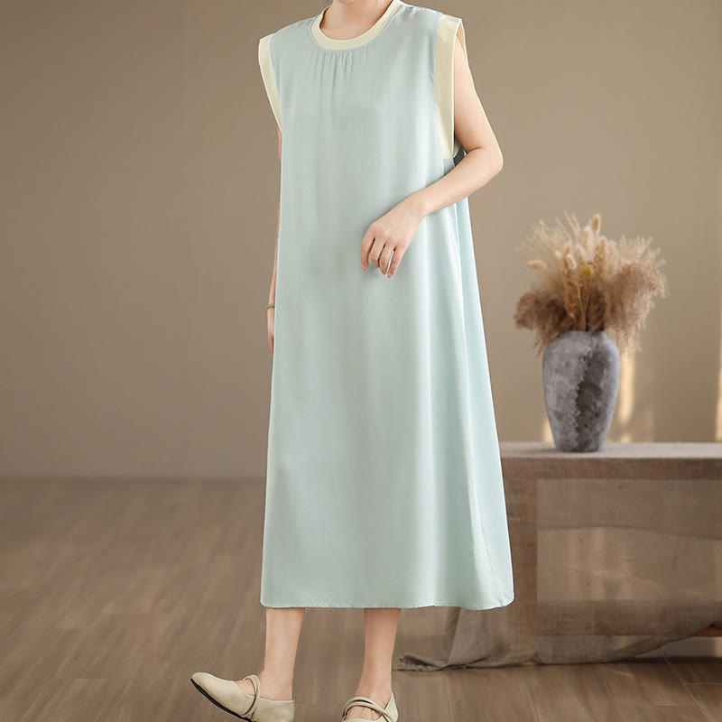 Nimara Ritual Pure Color Slit Design Sleeveless Cotton Midi Dress With Pockets
