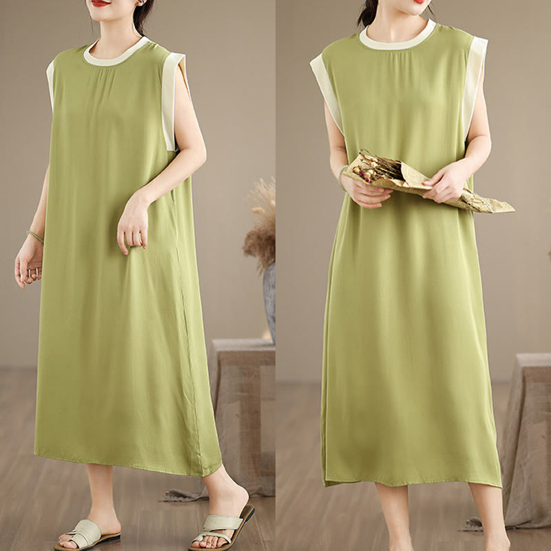Nimara Ritual Pure Color Slit Design Sleeveless Cotton Midi Dress With Pockets