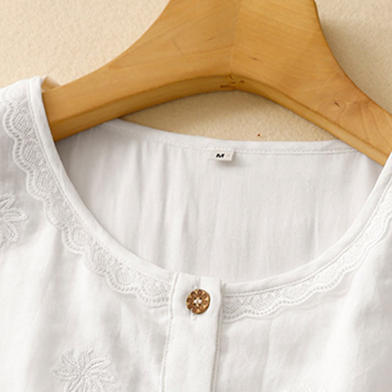Nimara Ritual Commute Embroidery Pleated Button Drawstring Design Cotton Linen Ruffled Short Sleeve Midi Dress