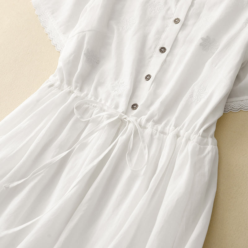 Nimara Ritual Commute Embroidery Pleated Button Drawstring Design Cotton Linen Ruffled Short Sleeve Midi Dress