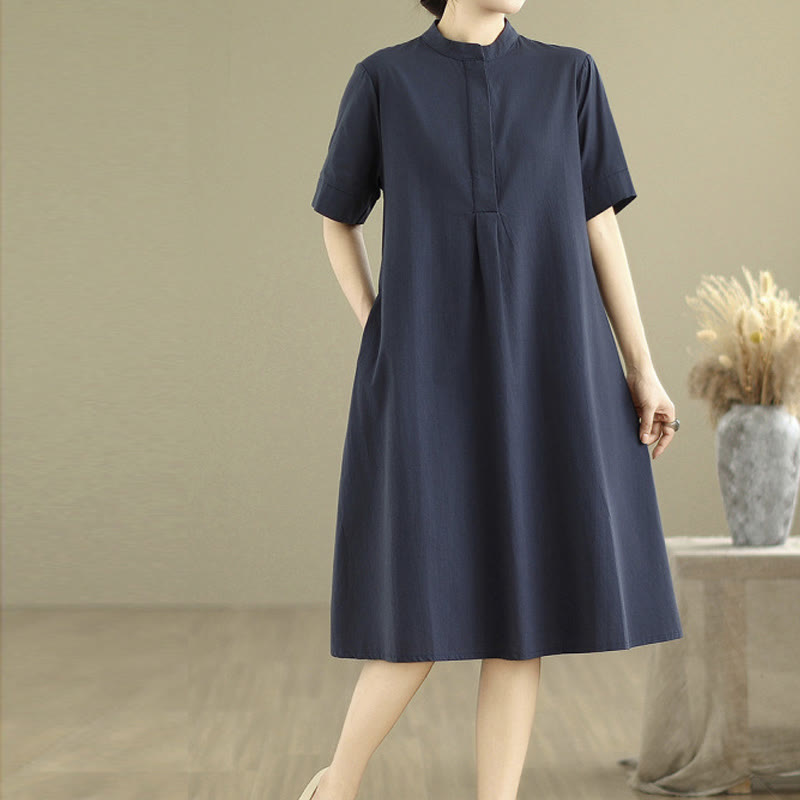 Nimara Ritual Commute Plaid Pattern Simple Design Cotton Half Sleeve Midi Dress With Pockets