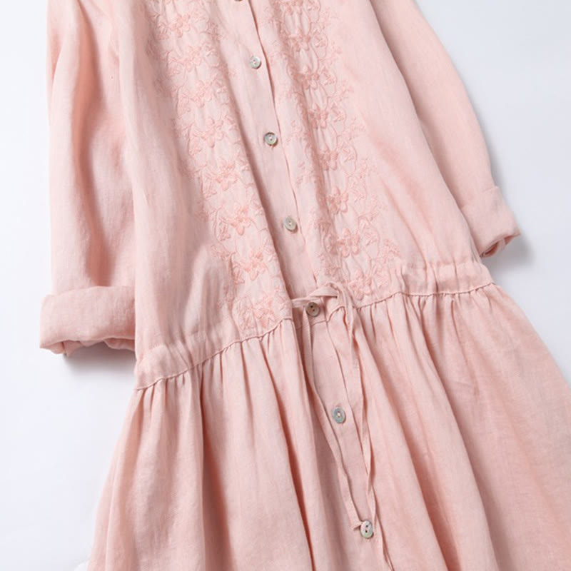 Nimara Ritual Fall Embroidery Button Design Cotton Linen Long Sleeve Midi Dress With Pockets