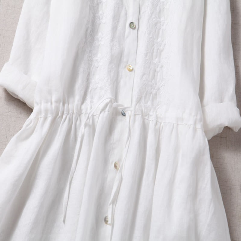 Nimara Ritual Fall Embroidery Button Design Cotton Linen Long Sleeve Midi Dress With Pockets