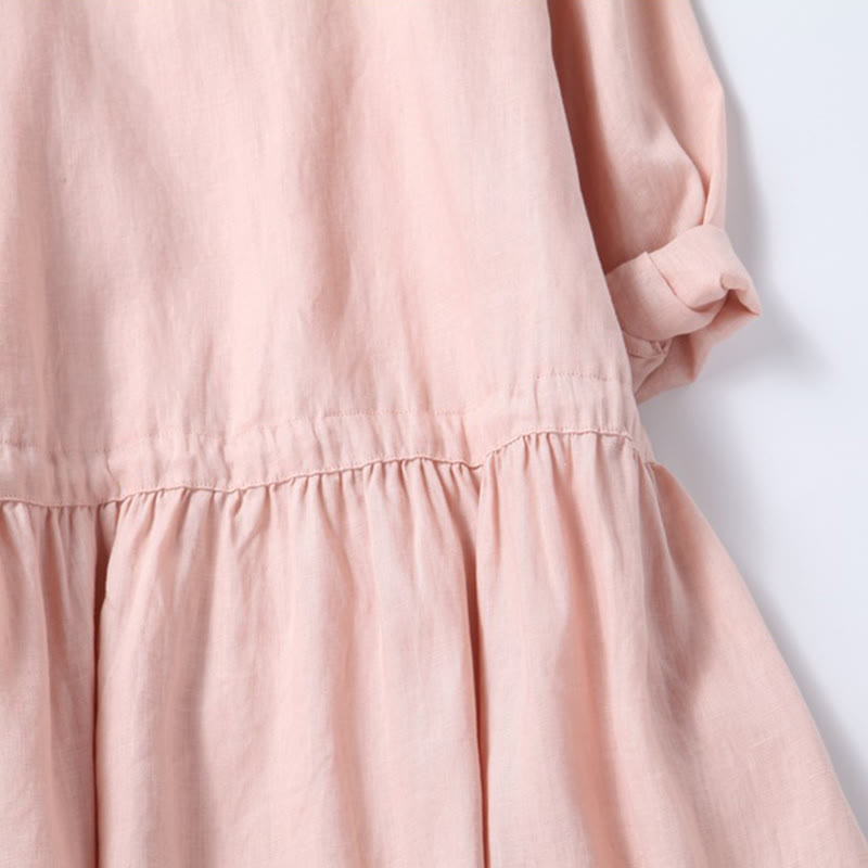 Nimara Ritual Fall Embroidery Button Design Cotton Linen Long Sleeve Midi Dress With Pockets