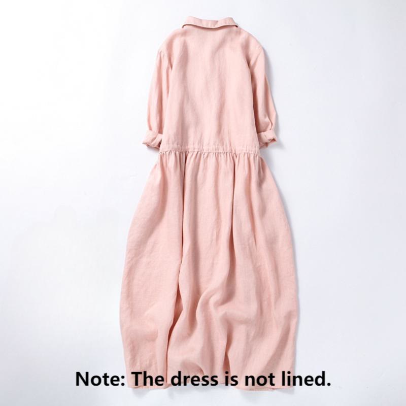 Nimara Ritual Fall Embroidery Button Design Cotton Linen Long Sleeve Midi Dress With Pockets