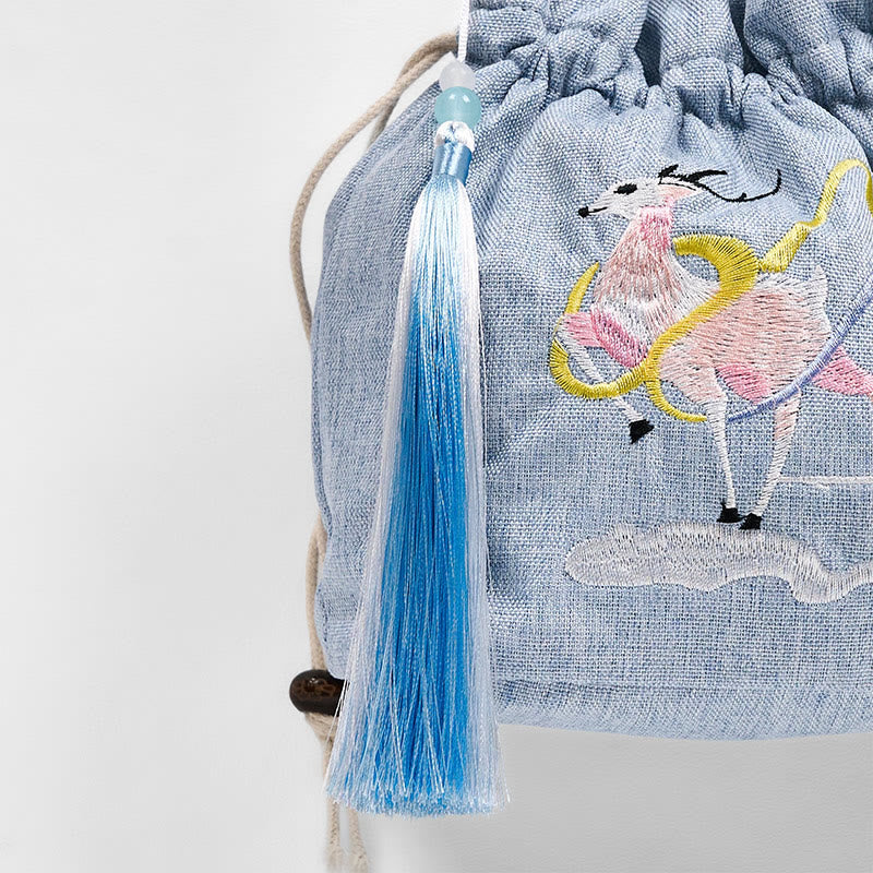 Nimara Ritual Embroidered Light Blue Fairy Deer Auspicious Clouds Cotton Linen Crossbody Bag Shoulder Bag