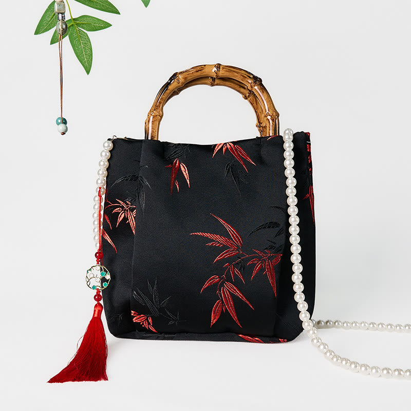 Nimara Ritual Polyester Cotton Embroidery Leaves Bamboo Handle Pearl Crossbody Bag Hangbags