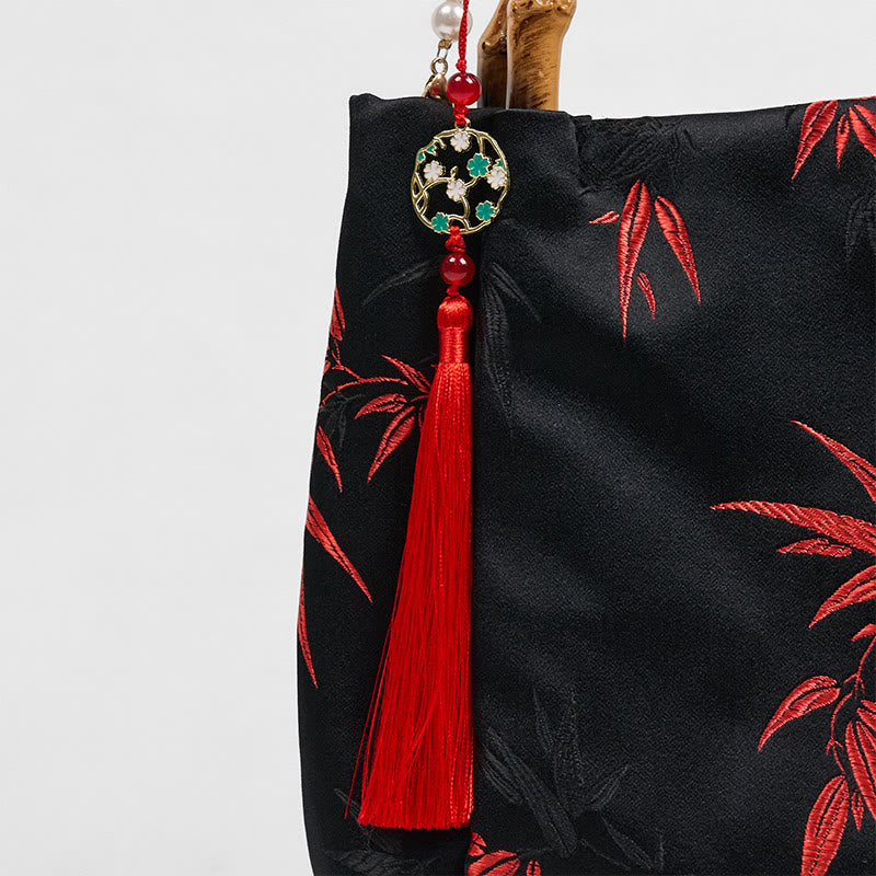 Nimara Ritual Polyester Cotton Embroidery Leaves Bamboo Handle Pearl Crossbody Bag Hangbags