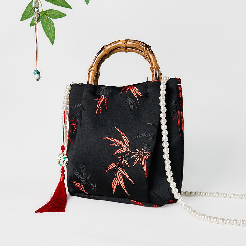 Nimara Ritual Polyester Cotton Embroidery Leaves Bamboo Handle Pearl Crossbody Bag Hangbags