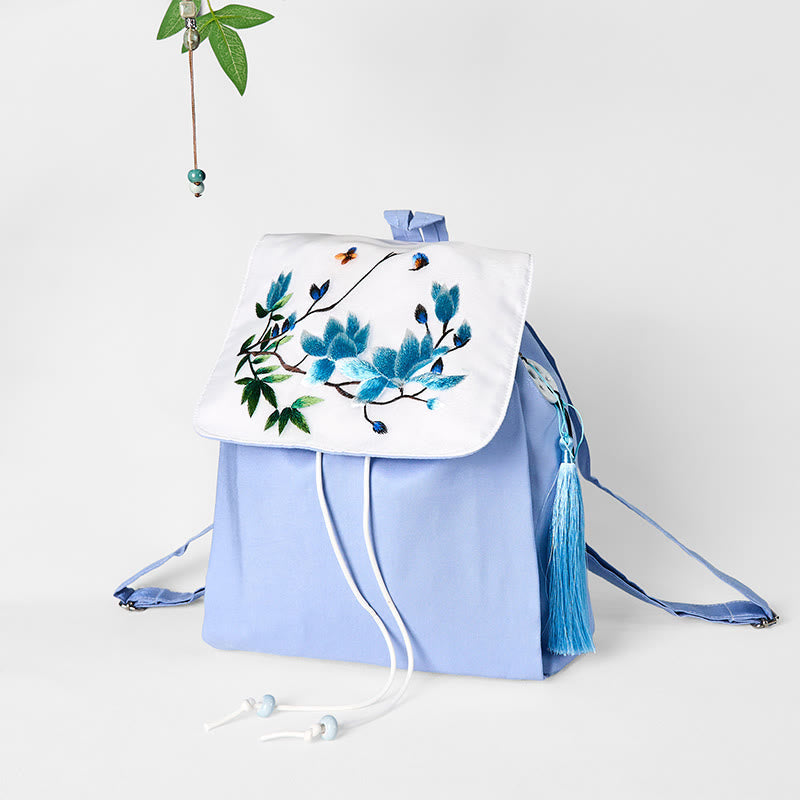 Nimara Ritual Handmade Blue Magnolia Embroidered Large Capacity Canvas Backpack