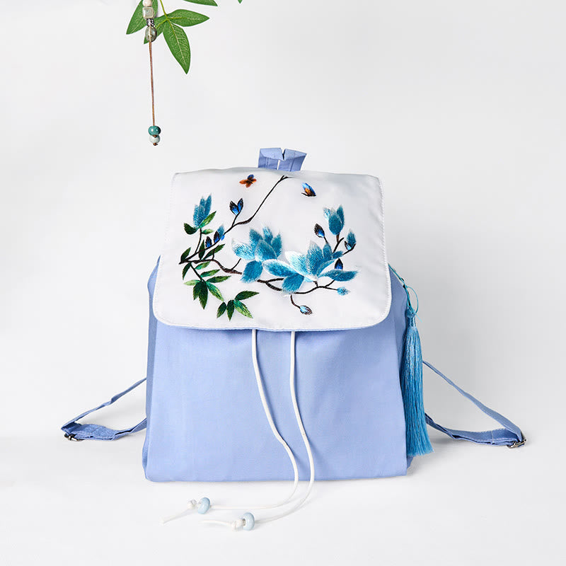 Nimara Ritual Handmade Blue Magnolia Embroidered Large Capacity Canvas Backpack