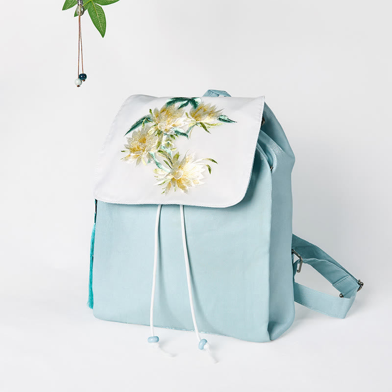 Nimara Ritual Handmade Blue Epiphyllum Embroidered Large Capacity Canvas Backpack