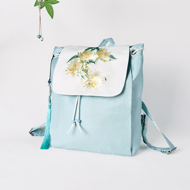 Nimara Ritual Handmade Blue Epiphyllum Embroidered Large Capacity Canvas Backpack