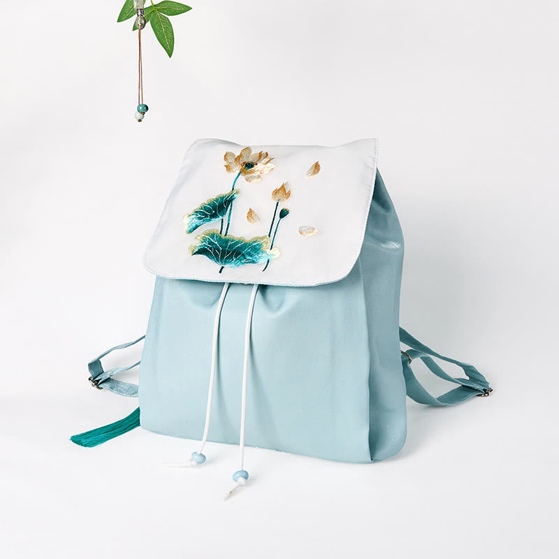Nimara Ritual Handmade Blue Lotus Embroidered Large Capacity Canvas Backpack