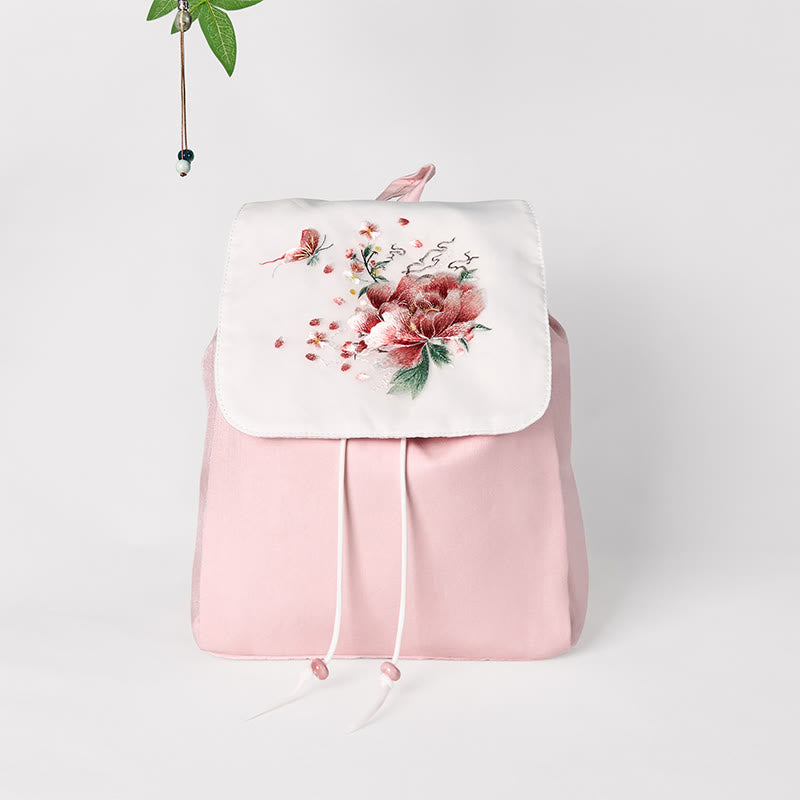 Nimara Ritual Handmade Pink Peony Flowers Embroidered Large Capacity Canvas Backpack