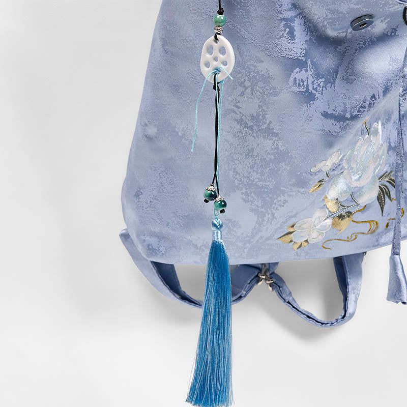 Nimara Ritual Handmade Blue Camellia Embroidered Large Capacity Polyester Cotton Backpack