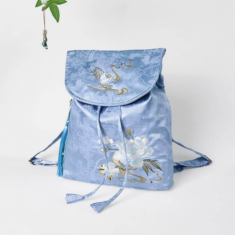 Nimara Ritual Handmade Blue Camellia Embroidered Large Capacity Polyester Cotton Backpack